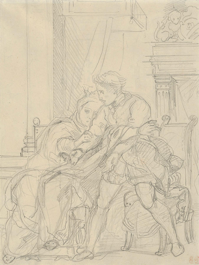 Hamlet Reproaches His Mother Drawing by Eugene Delacroix