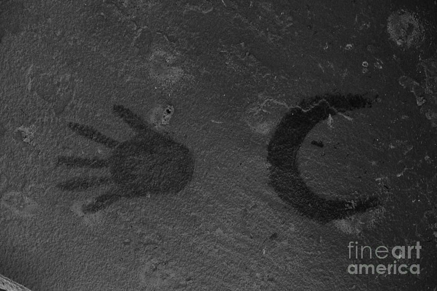 Black And White Photograph - Hand And Moon Supernova Petroglyph Black And White by Adam Jewell