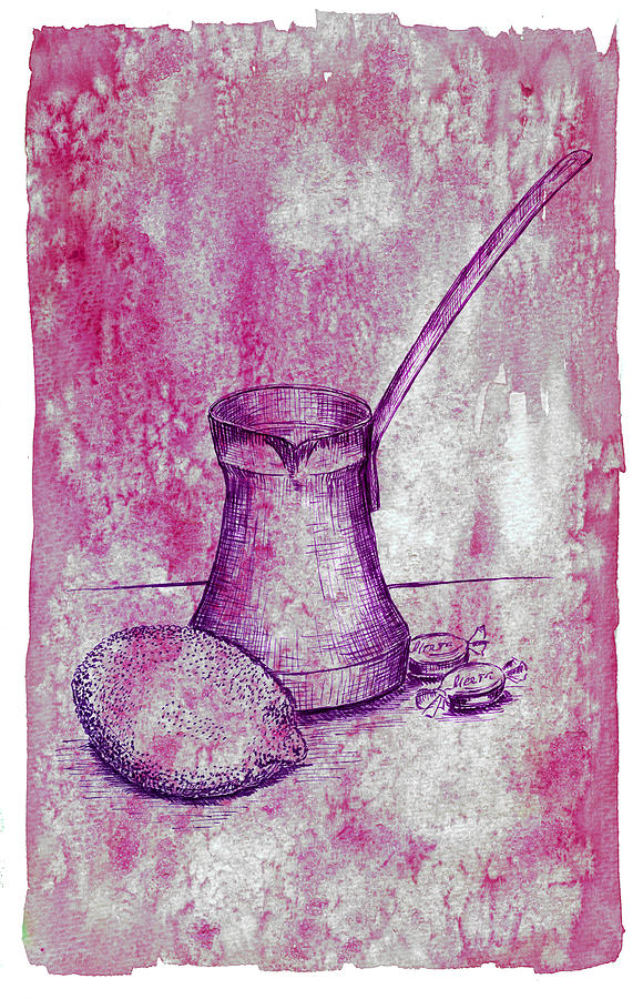 Abstract Mixed Media - Hand drawn turkish coffee pot, lemon and candies by Victoria Yurkova