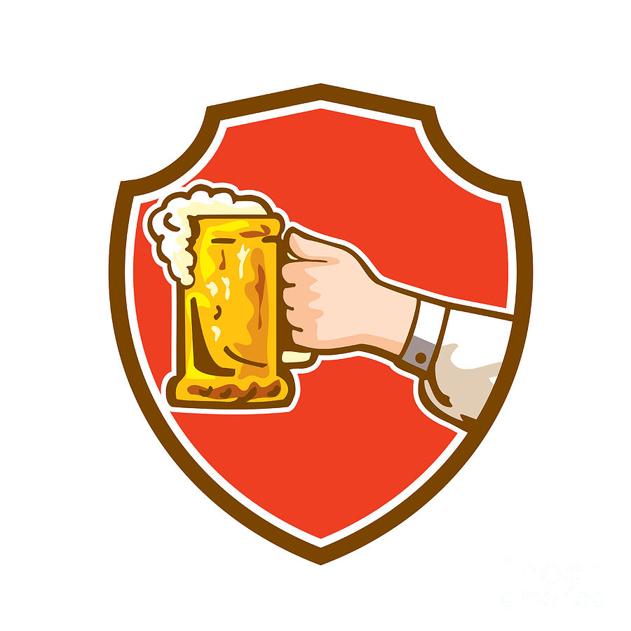 Beer Digital Art - Hand Holding Mug Beer Crest Retro by Aloysius Patrimonio