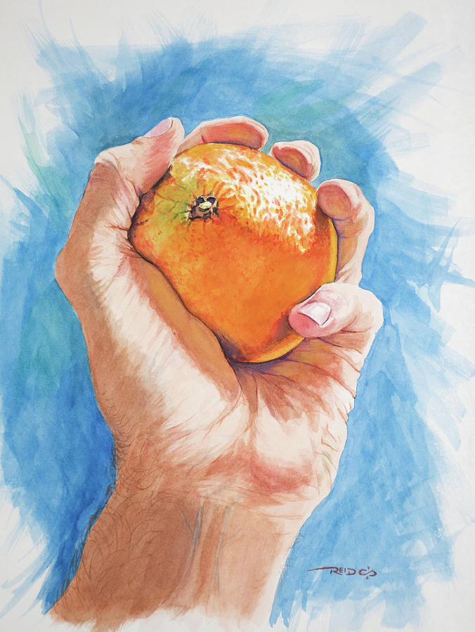 Hand Holding Orange Painting by Christopher Reid
