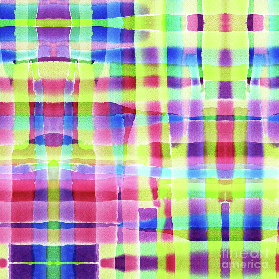 Hand-Painted Abstract Gingham Weave Neon Rainbow Painting by Beverly Claire Kaiya