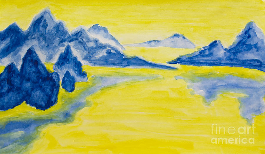 Hand painted picture, blue hills on yellow background Painting by Irina Afonskaya