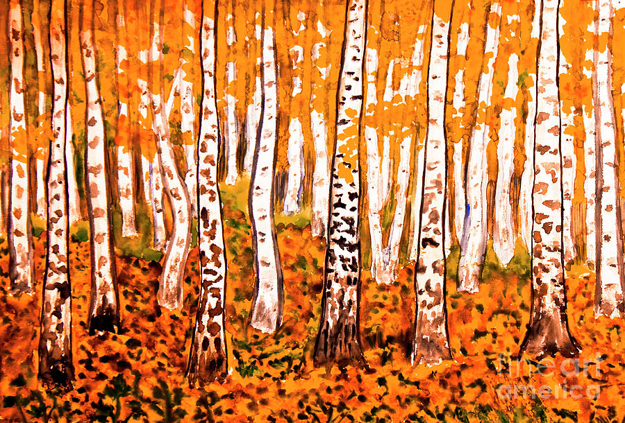 Hand painted picture, orange birch forest Painting by Irina Afonskaya