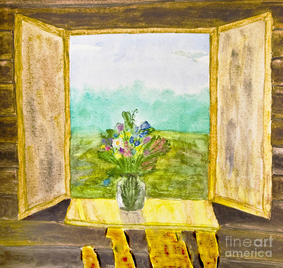 Hand painted picture, watercolours, flowers on window Painting by Irina Afonskaya