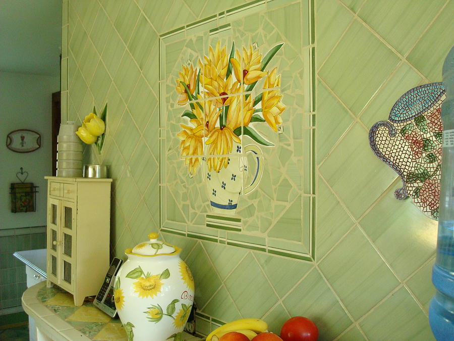 Mosaic Wall Photograph - Hand Tiled Kitchen Wall by Robin Miklatek