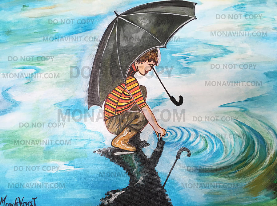 Umbrella Painting - Handmade Canvas Acrylic Painting of Boy playing in the rain - holding umbrella by Mona Tailor