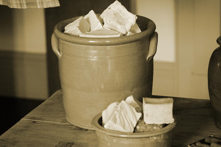 Handmade Lye Soap in Antique Crock in Sepia Photograph Photograph by Colleen Cornelius