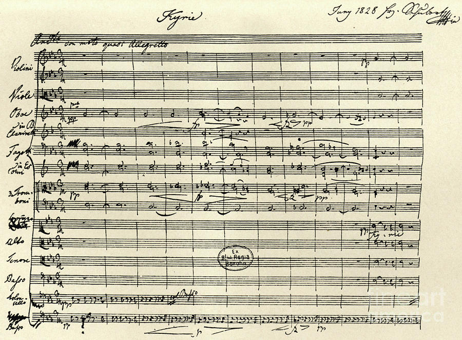 Music Drawing - Handwritten manuscript score for Kyrie for the Mass in A flat and E flat major by Franz Schubert
