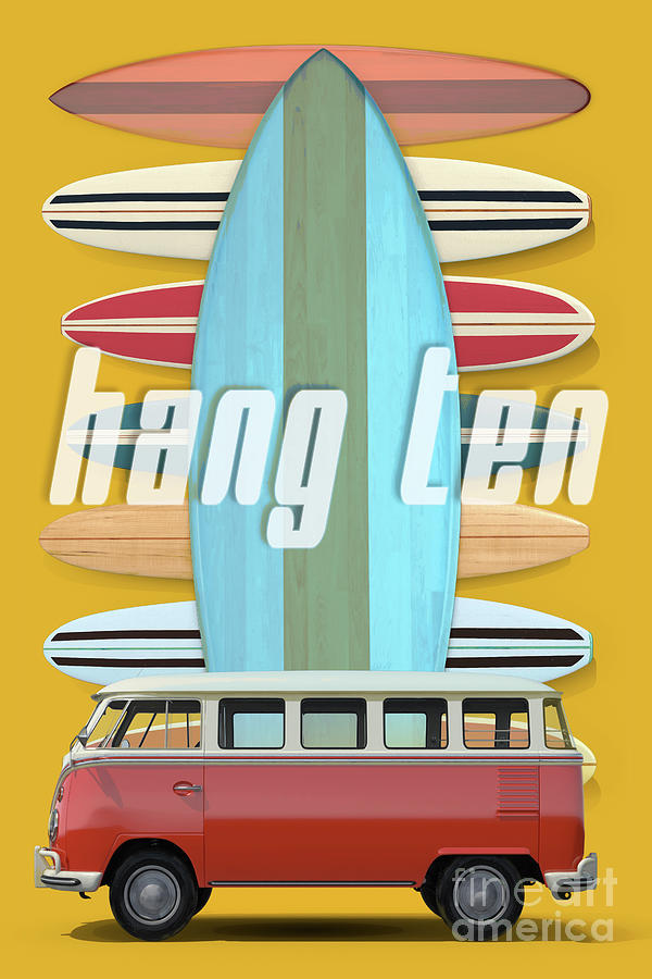 Hang Ten Surfboard Surfer Van Digital Art by Edward Fielding