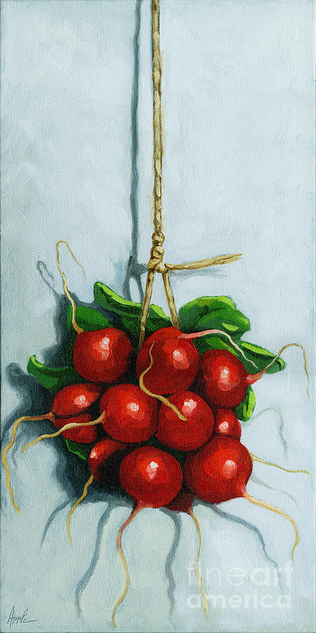 Hanging Around - radishes still life painting Painting by Linda Apple