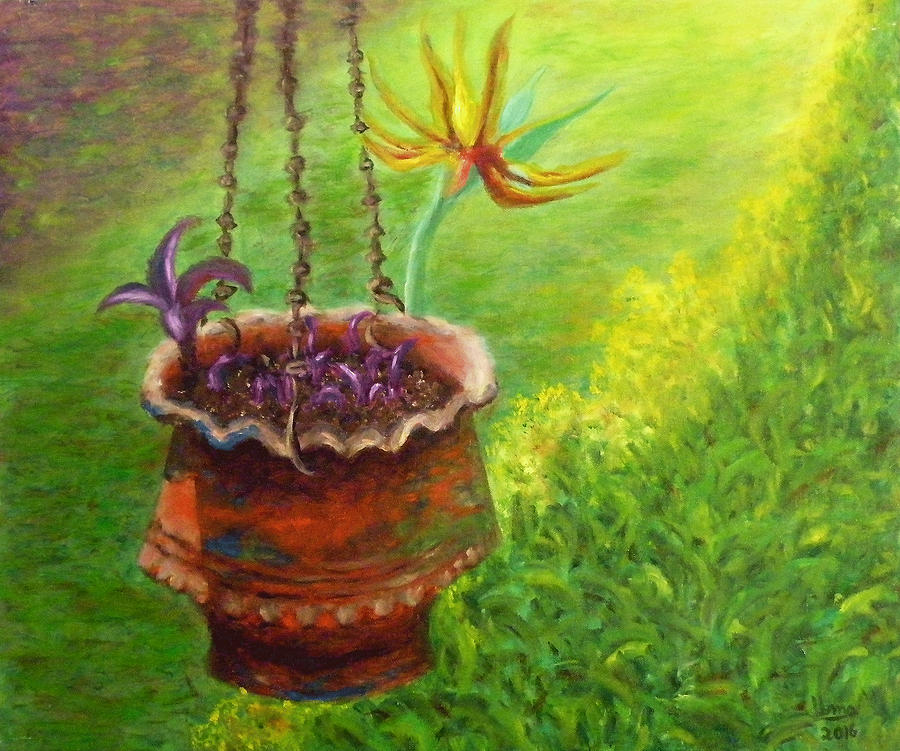 Hanging flower pot Painting by Uma Krishnamoorthy