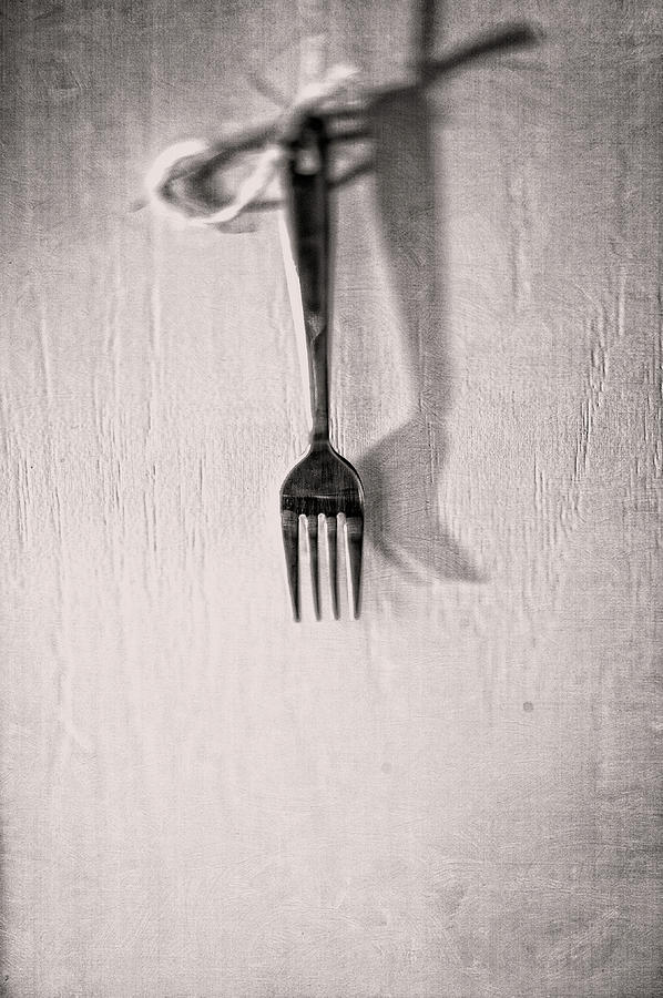 Hanging Fork On Jute Twine In Bw Photograph