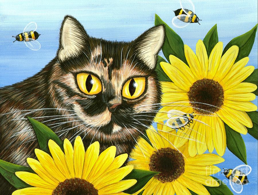 Cat Painting - Hannah Tortoiseshell Cat Sunflowers by Carrie Hawks