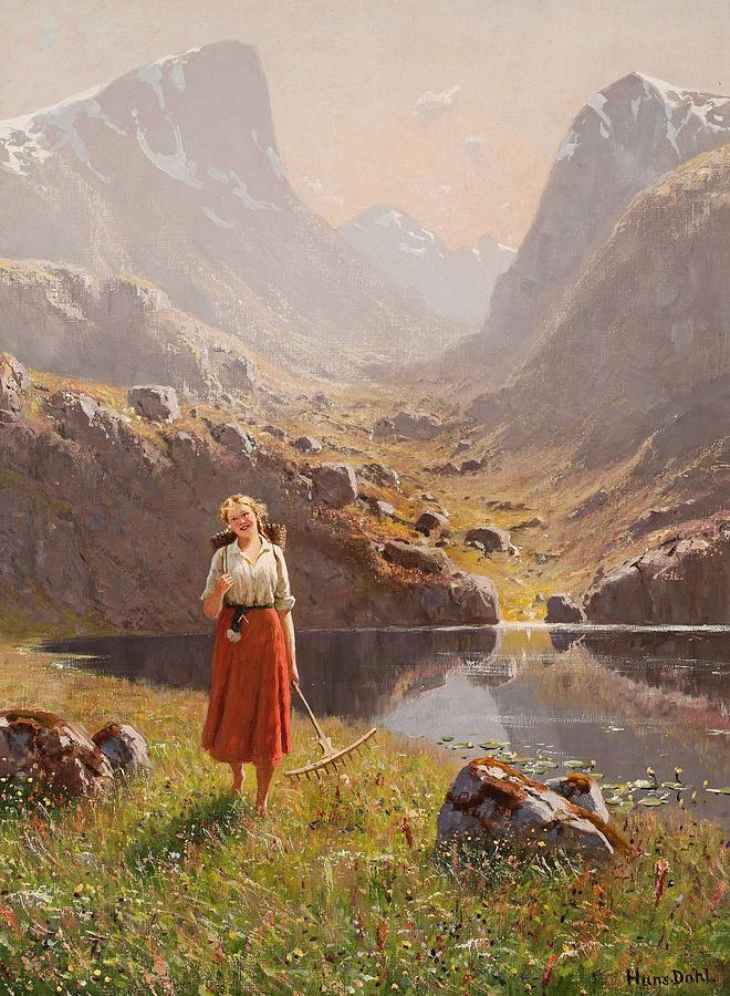 Hans Dahl Girl By A Mountain Lake. Painting by Artistic Panda - Pixels