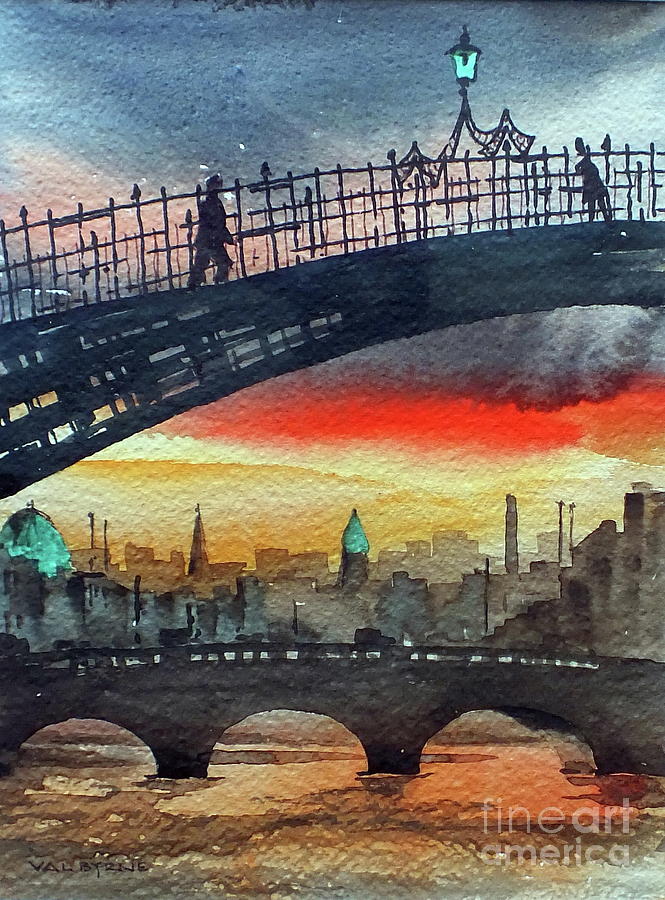 Hapenny Bridge Sunset, Dublin...27apr18 Painting by Val Byrne