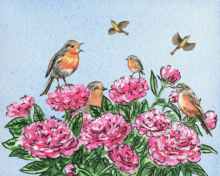 Happy Birds On Flowers Painting by Irina Sztukowski