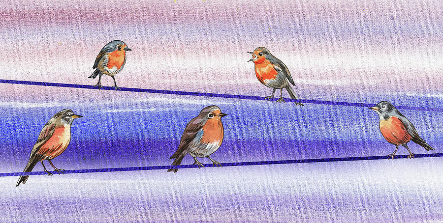 Bird Painting - Happy Birds On The Wire by Irina Sztukowski