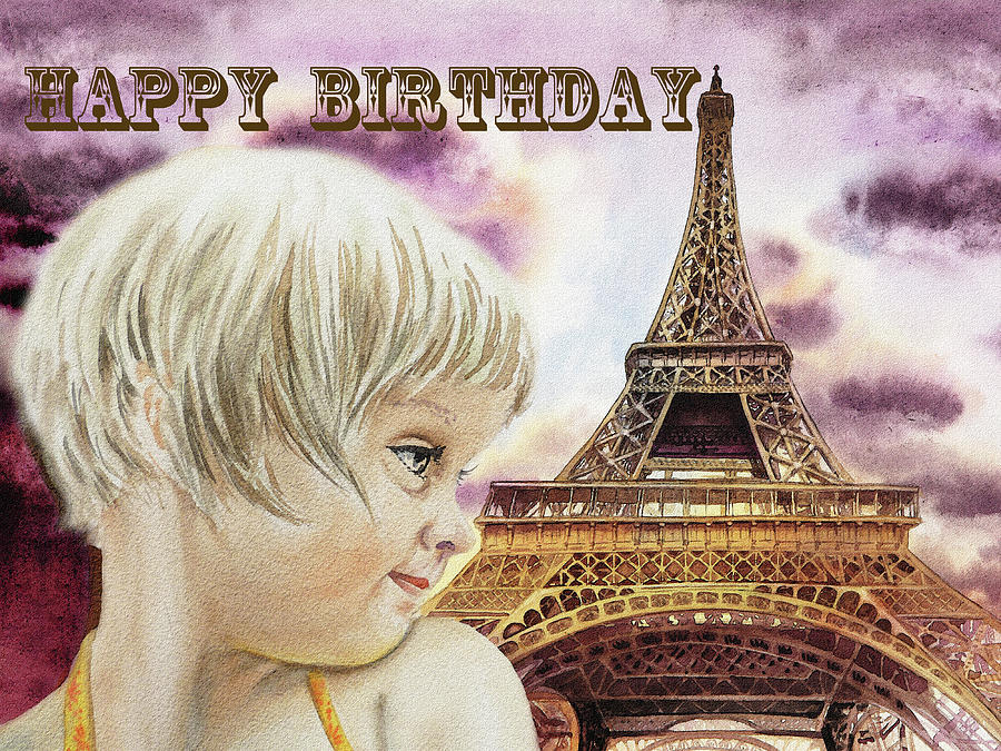 Happy Birthday French Girl Paris Card  Painting by Irina Sztukowski