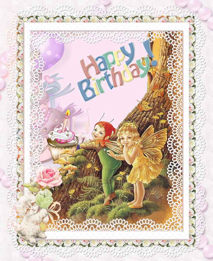 Happy Birthday Greeting With Fairy And And Elf Digital Art