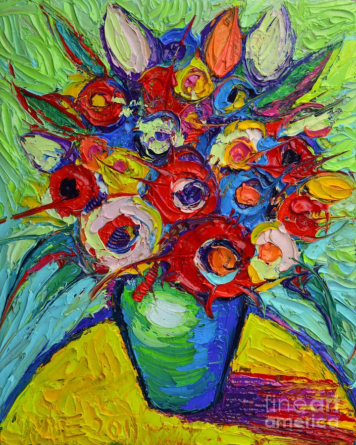 Happy Bouquet Of Poppies And Colorful Wildflowers On Round Yellow Table Impasto Abstract Flowers Painting by Ana Maria Edulescu