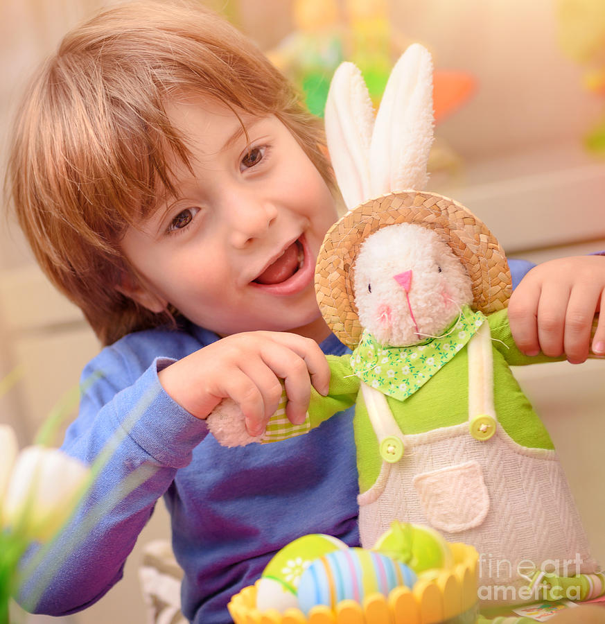 Happy boy with Easter bunny Photograph by Anna Om