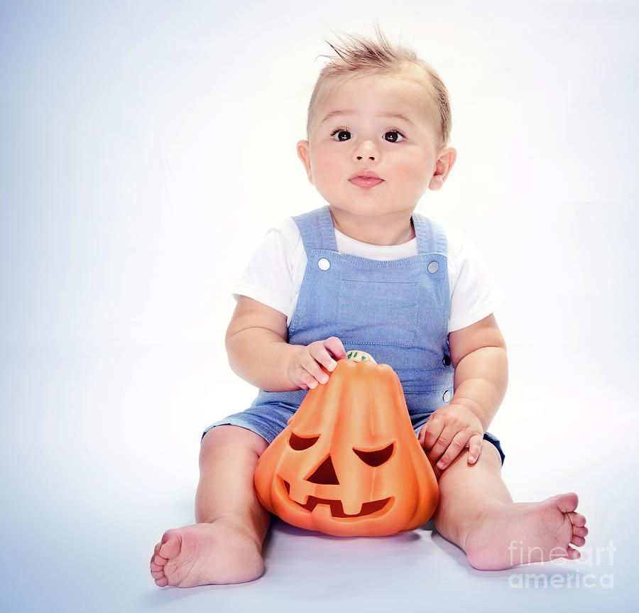 Happy boy with pumpkin Photograph by Anna Om