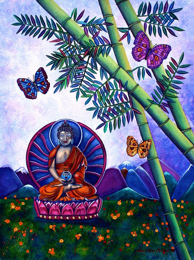 Happy Buddha and Prosperity Bamboo Painting by Lori Miller