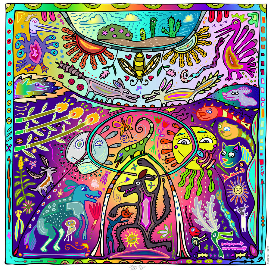 Huichol Digital Art - Happy Dogs by Marti McGinnis Huichol Digital Art - Happy Dogs by Marti McGinnis