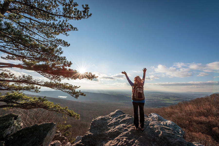 Happy female hiker at the summit of an Appalachian mountain Photograph by Patrick Wolf