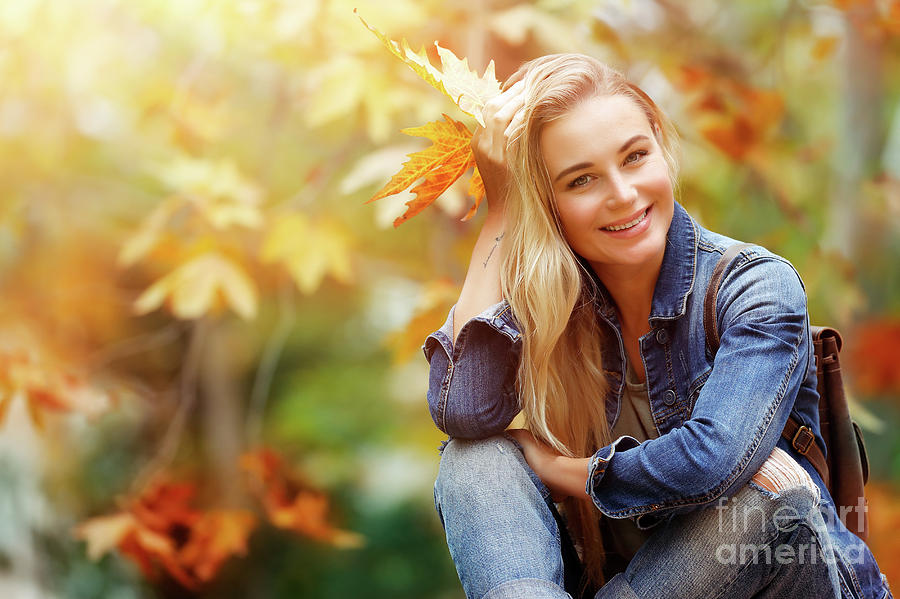 Happy female in autumn forest Photograph by Anna Om