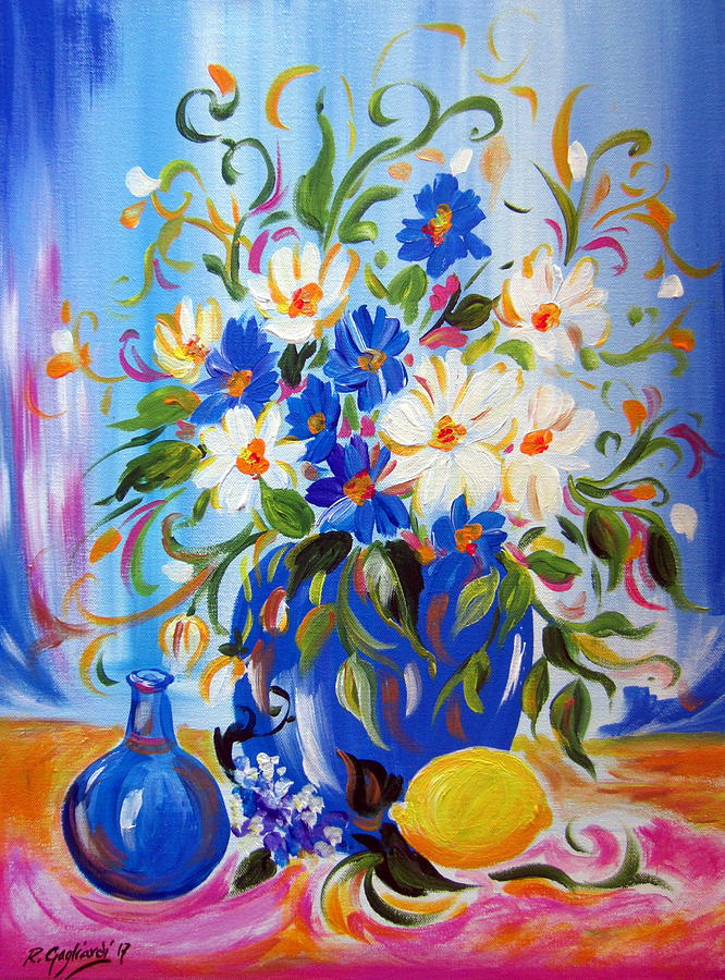 Happy Flowers with lemon in blue vase Painting by Roberto Gagliardi