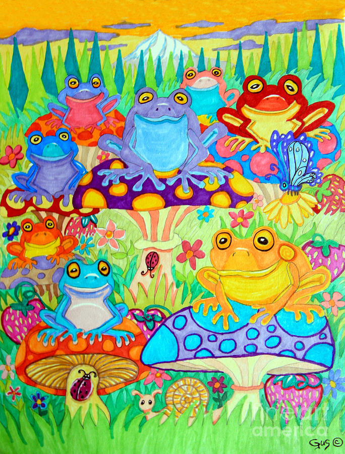 Happy Frogs In Mushroom Valley Drawing