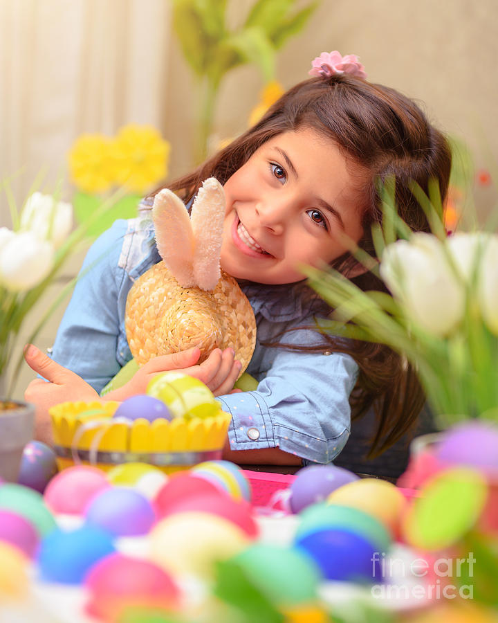 Happy girl with Easter bunny toy Photograph by Anna Om