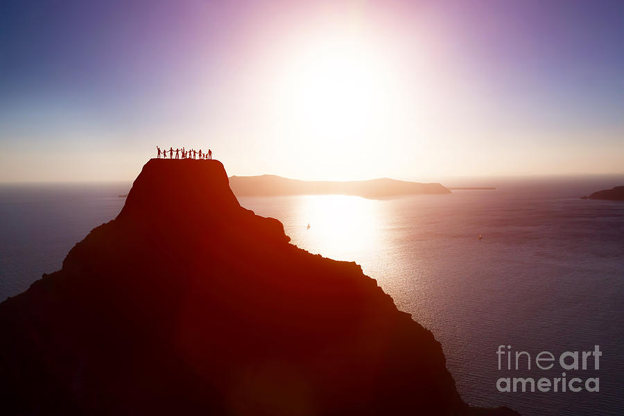 Happy group of people friends and family on the top of the mountain over ocean celebrating success Photograph by Michal Bednarek