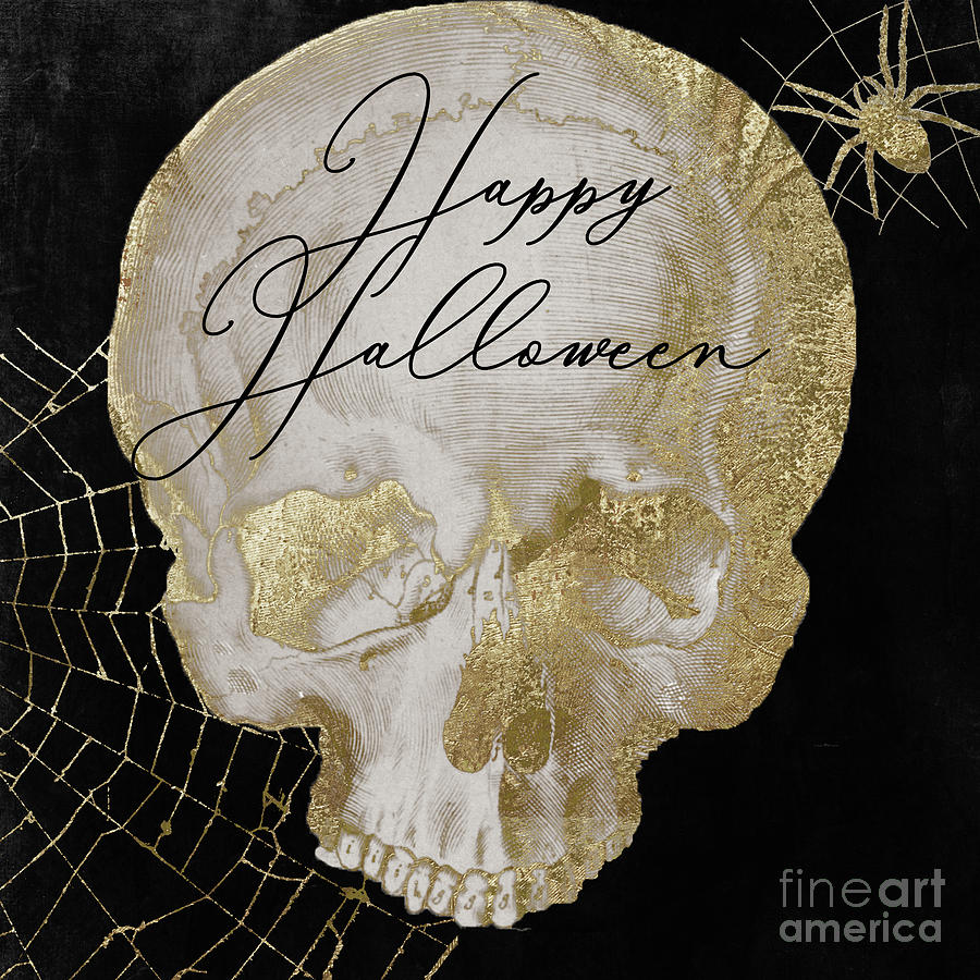 Happy Halloween Golden Skull Painting by Mindy Sommers