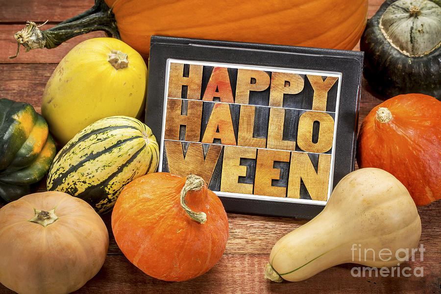 Happy Halloween on tablet with squash Photograph by Marek Uliasz