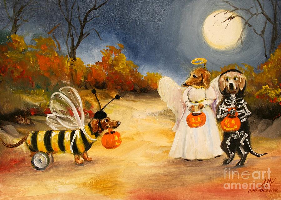 Dachshund Painting - Happy Halloweenies Dachshund Art by Stella Violano