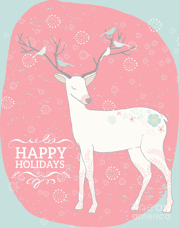 Happy Holidays Deer and Birds Digital Art by Pam  Holdsworth