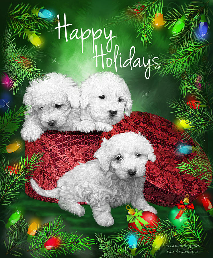Happy Holidays Puppies Mixed Media by Carol Cavalaris