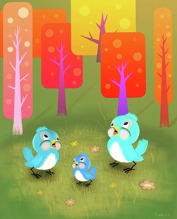 Bird Painting - Happy Little Blue Birds Sing by Little Bunny Sunshine