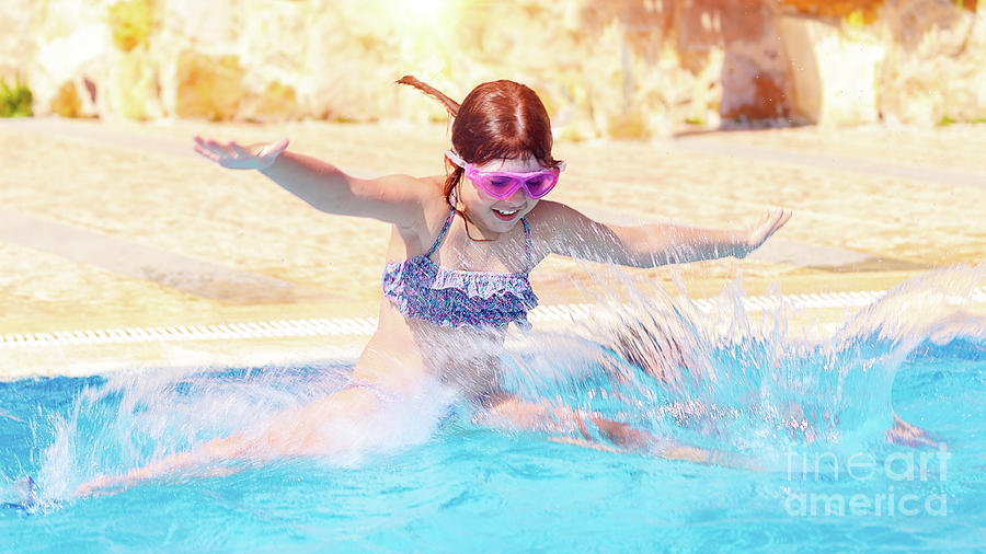 Happy little girl jumping to the pool Photograph by Anna Om