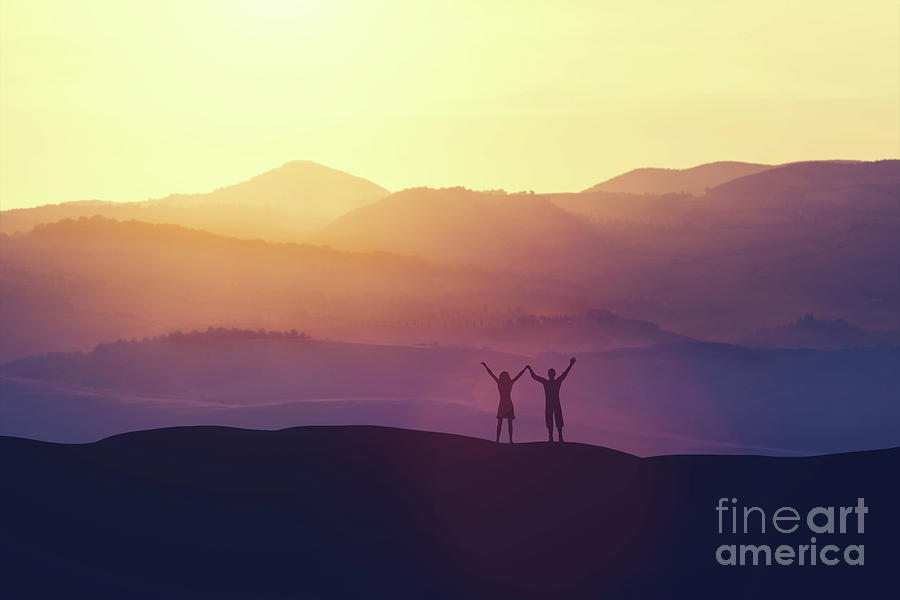 Happy man and woman standing on a hill Photograph by Michal Bednarek