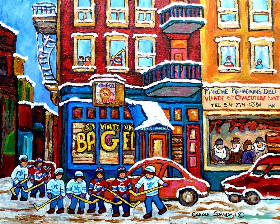 Happy Montreal Winter Scene Rue St Viateur Hockey Art Scene Bagel And Deli Shops Carole Spandau      Painting by Carole Spandau