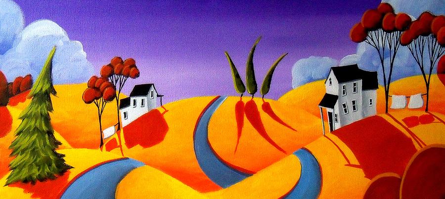 Happy Neighbors - whimsical country landscape Painting by Debbie Criswell