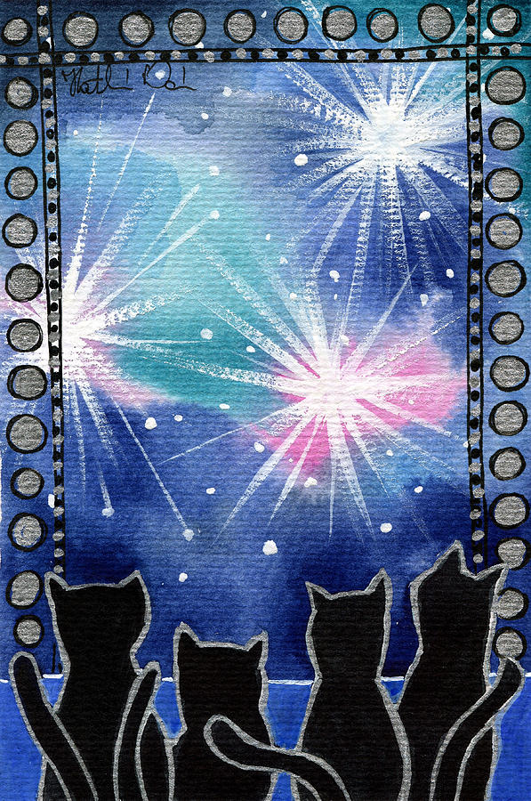 Happy New Year Black Cat Card Painting by Dora Hathazi Mendes