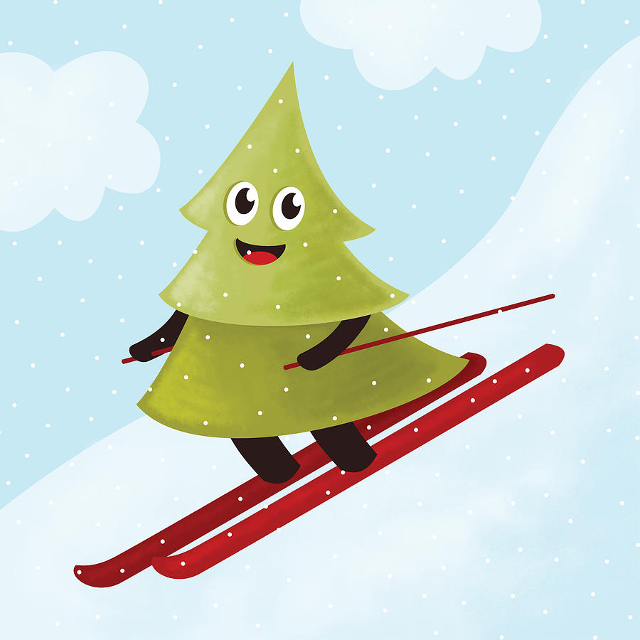 Happy Pine Tree On Ski Digital Art by Boriana Giormova