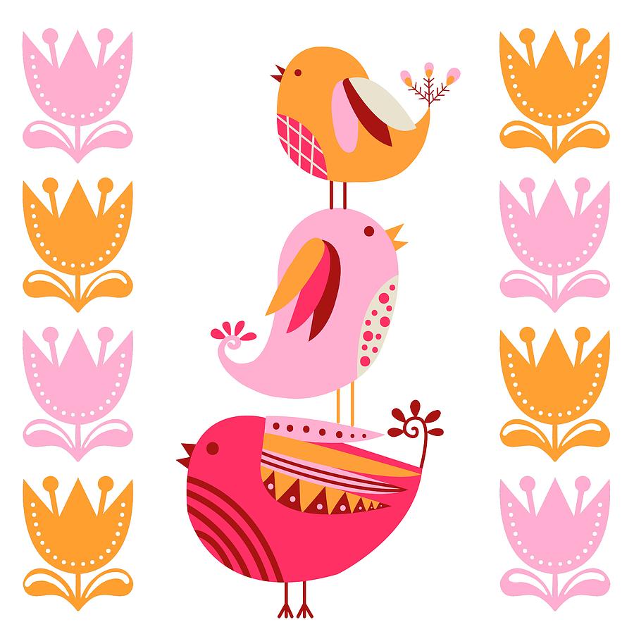 Bird Painting - Happy Pink And Orange Birds And Blooms by Little Bunny Sunshine