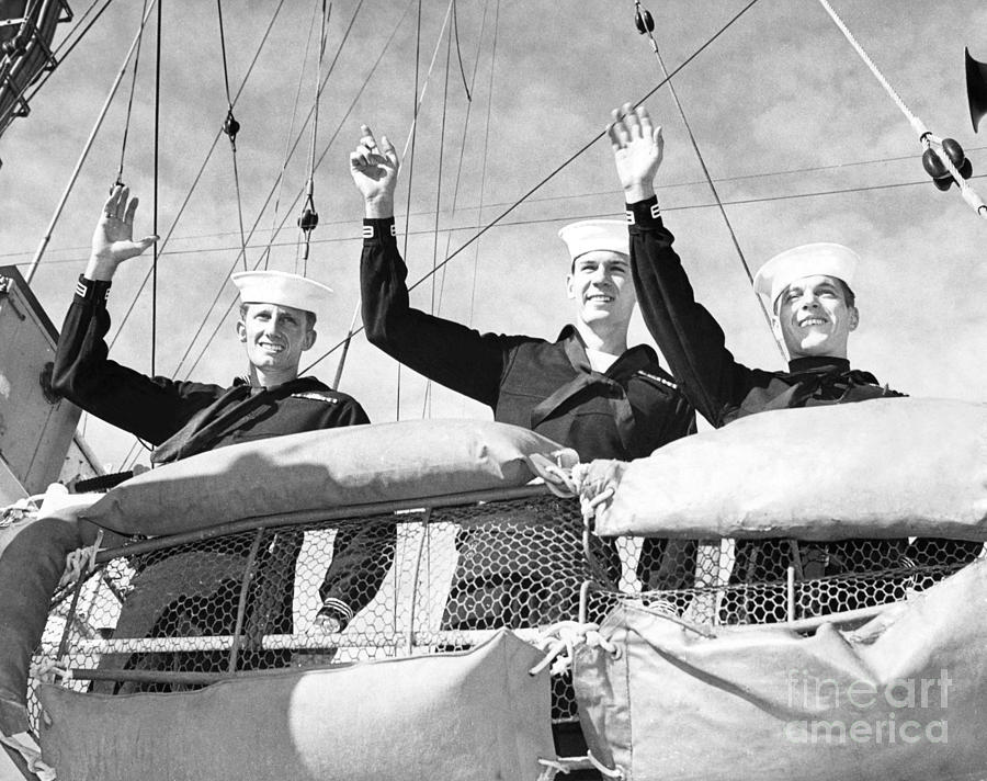 Happy Sailors Waving From Top Deck of U.S.C.G. Cutter Half Moon. 1968 ...