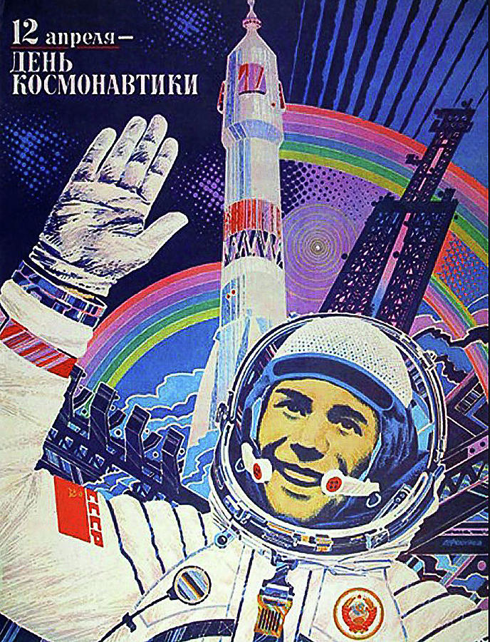 Happy Soviet Astronaut in front of a space rocket Painting by Long Shot